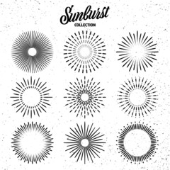 Vintage grunge sunburst collection. Bursting sun rays. Fireworks. Logotype or lettering design element. Radial sunset beams. Vector illustration.