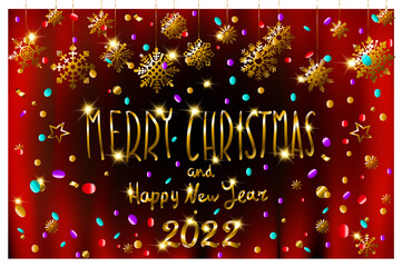 Christmas and New Year typographical on red background with Gold glitter texture. Vector illustration for golden shimmer background. Xmas card. Vector Illustration