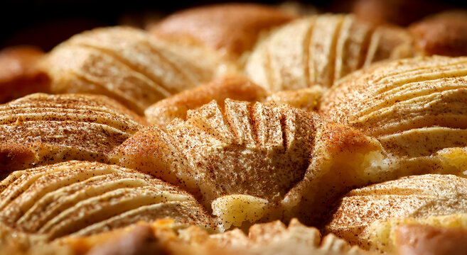 Ein fertig gebackener Apfelkuchen bei dem Zimt &uuml;ber die &Auml;pfel gestreut wurde.