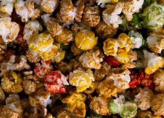 Colorful popcorn close-up. Red, green, yellow.