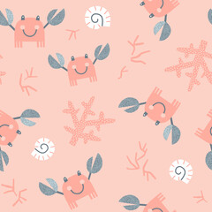 Cute happy Crab with Sea Shells and Coral vector seamless pattern. Pastel colours sea creatures background. Scandinavian decorative childish surface design for nautical nursery and navy kids fabric.