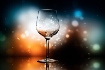 Transparent wine glass against a background of blurred highlights, shiny bokeh. A wine glass in a magical place. Wine glass shot in close-up
