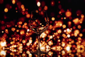 Transparent wine glass on the background of lights, bokeh, in dark shades, wine glass on the background of red sparks, glass glitters on the background of fire. Wine glass shot in close-up