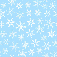 Snowflakes seamless repeat pattern. Random placed, vector  snowdrop all over surface print on light blue background.