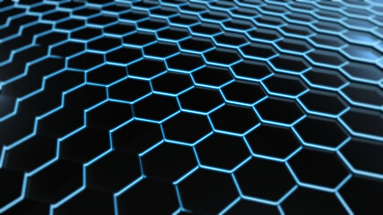 Abstract futuristic hexagon glow neon surface, structure.
