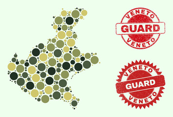 Vector spheric items collage Veneto region map in khaki colors, and unclean watermarks for guard and military services. Round red stamp seals include word GUARD inside.