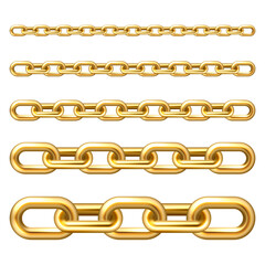 Realistic gold plated metal chain with golden links isolated on white background. Vector illustration.