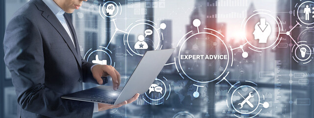 Expert advice. Businessman hand touching inscription on virtual screen