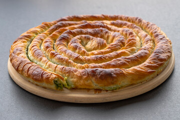 Turkish Tepsi Boregi, Round Borek, Tray pastry (Turkish name; rulo borek)
