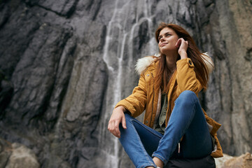 woman hiker with backpack mountains travel adventure freedom