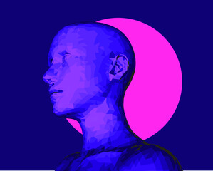 3D low poly wireframe model of a human head made of triangular pieces. Concept illustration of Artificial intelligence and Neural Network.