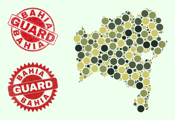 Vector circle items composition Bahia State map in khaki hues, and scratched stamps for guard and military services. Round red seals include phrase GUARD inside.