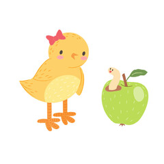 Easter chicken with apple. Cute little cartoon chicken bird character. Stock vector festive flat illustration on a white background.