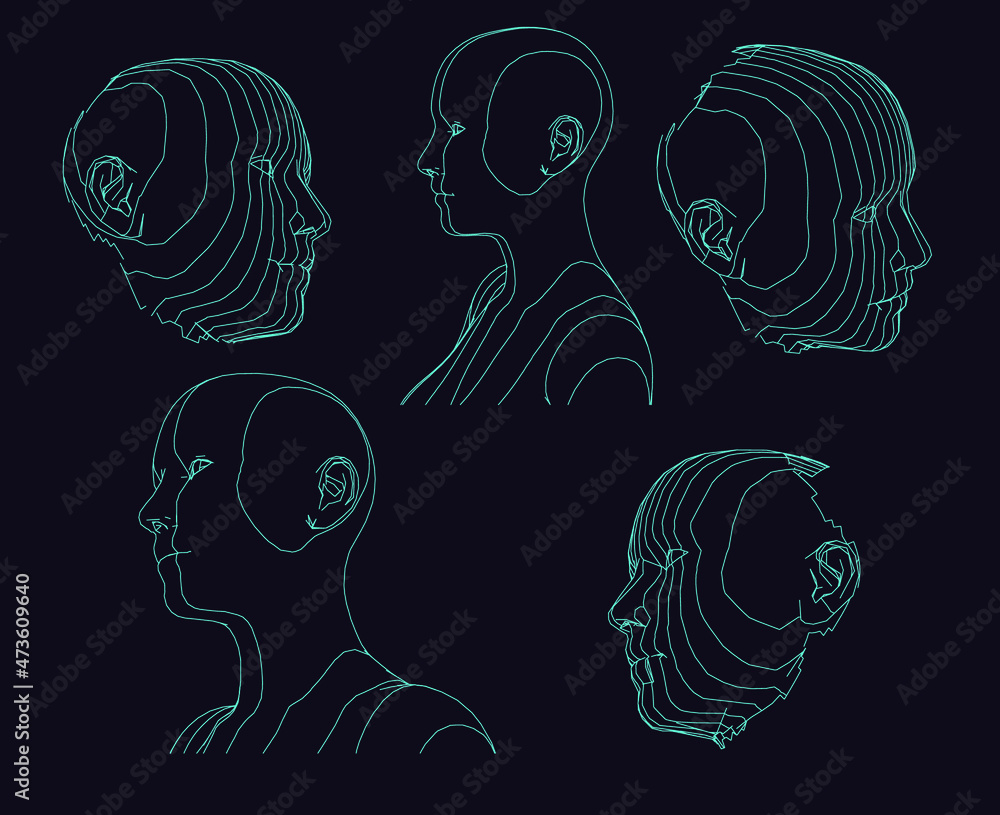 Poster 3d wireframe of a human head on dark background. concept for artificial intelligence and neural netw