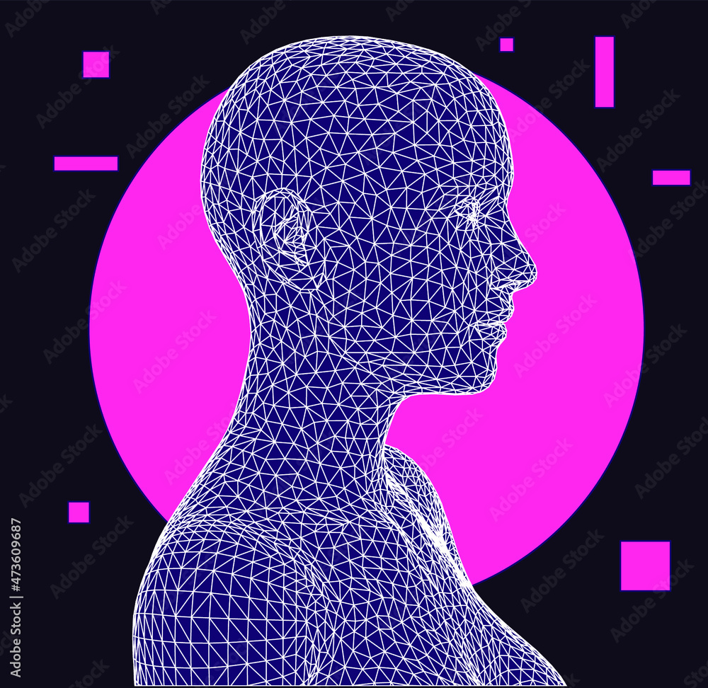 Aufkleber 3D low poly wireframe model of a human head made of triangular pieces. Concept illustration of Artificial intelligence and Neural Network.