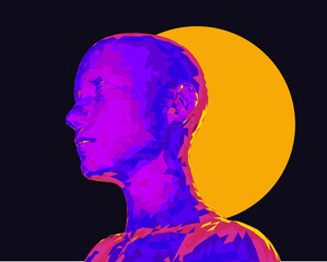 3D low poly wireframe model of a human head made of triangular pieces. Concept illustration of Artificial intelligence and Neural Network.