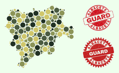 Vector round parts collage Albacete Province map in camouflage colors, and corroded stamp imitations for guard and military services. Round red imprints have phrase GUARD inside.