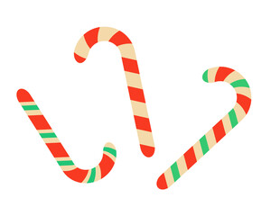 Set of cartoon candy canes. Candy cane with red and green stripes. Vector illustration isolated on white background.