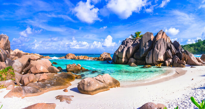 One of the most scenic and beautiful tropical beach in the world - Anse Cocos in  La Digue island, Seychelles