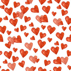 Watercolor pattern red hearts on a white background