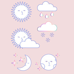 Cute weather elements with faces. Sun, crescent, moon, clouds and stars isolated on pink background.