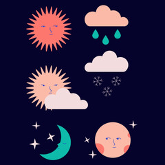Cute weather elements with faces. Sun, crescent, moon, clouds and stars isolated on dark blue background. Colourful vector flat illustration.	