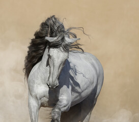 Light gray Purebred Spanish horse in light smoke.