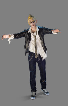 Full length portrait of a zombie looking into camera with a mindless stare and arms outstretched, against a gray background
