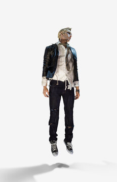 Man dressed up as a zombie hanging mid air looking off camera, against a white background