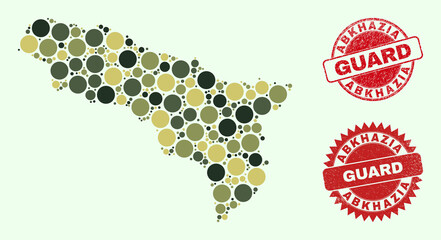 Vector spheric elements collage Abkhazia map in camouflage hues, and scratched stamp seals for guard and military services. Round red watermarks contain phrase GUARD inside.