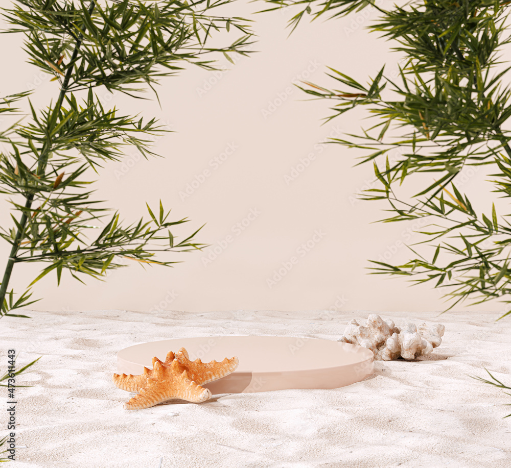 Sticker bamboo, tropical leaves and beach sand stylized scene decoration for product presentation, 3d render