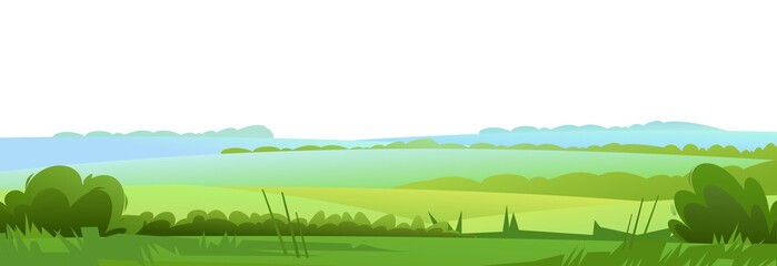 Pastures and hills of field. Rural landscape. Flat style. Horizontal village nature illustration. Cute country hills. Isolated on white background. Vector