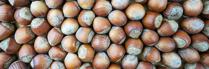 Hazelnuts with nutshell in heap on wooden backdrop overhead view
