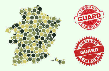 Vector round items combination Limburg Province map in camo hues, and textured stamp prints for guard and military services. Round red imprints contain phrase GUARD inside.