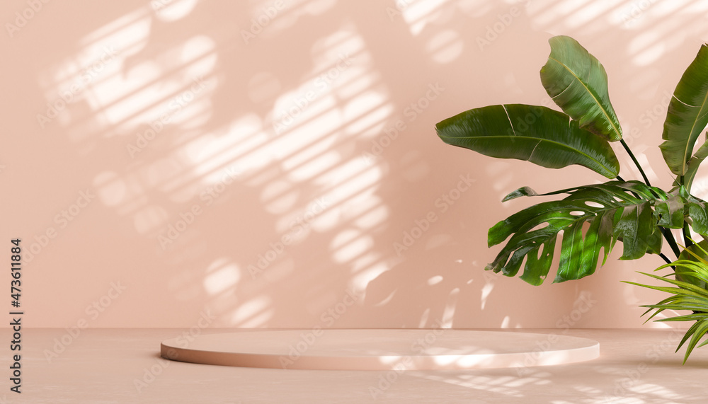 Poster minimal modern product display on beige background with cylinder podium with palm leaves, 3d renderi