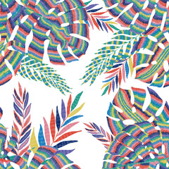 Fototapeta na wymiar Modern abstract seamless pattern with creative colorful tropical leaves. Retro bright summer background. Jungle foliage illustration. Swimwear botanical design. Vintage exotic print.