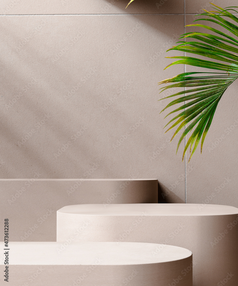 Poster minimal modern product display on neutral beige background with podium with palm leaves, still life 