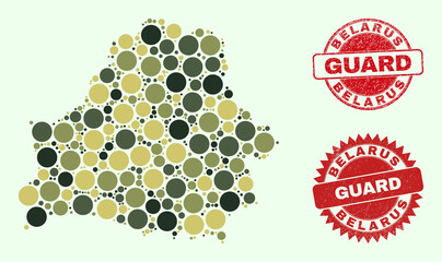 Vector round parts composition Belarus map in camo colors, and grunge stamps for guard and military services. Round red stamps contain phrase GUARD inside.