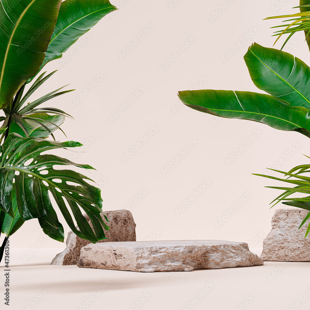 Poster minimal modern product display on beige background with stone podium with palm leaves, 3d rendering