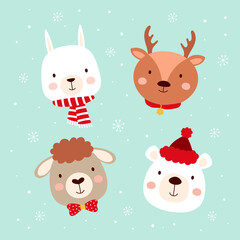 winter set with cartoon forest animal faces