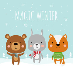 winter vector illustration with cartoon cute animals