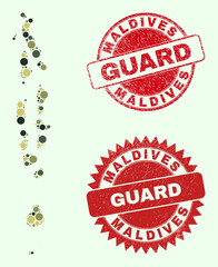 Vector spheric parts mosaic Maldives map in camouflage hues, and corroded stamp seals for guard and military services. Round red watermarks have word GUARD inside.
