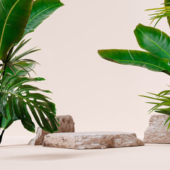 Minimal modern product display on beige background with stone podium with palm leaves, 3d rendering