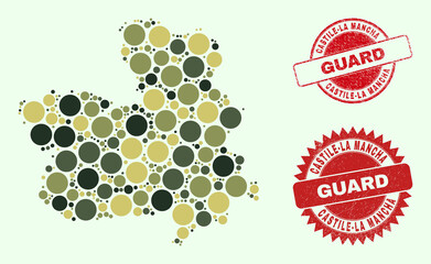 Vector round parts mosaic Castile-La Mancha Province map in khaki colors, and textured watermarks for guard and military services. Round red stamps contain phrase GUARD inside.