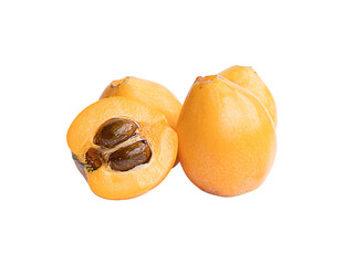 four loquat fruit on white.
