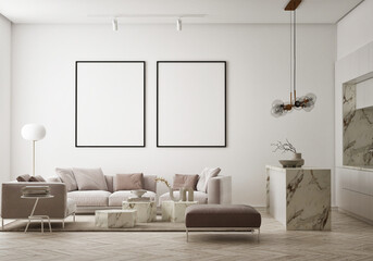 mock up poster frame in modern interior background, living room, Scandinavian style, 3D render, 3D illustration