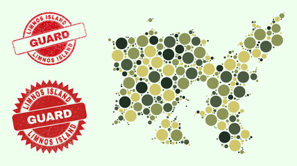 Vector circle items mosaic Limnos Island map in khaki hues, and dirty stamp prints for guard and military services. Round red stamps have phrase GUARD inside.