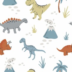 Seamless pattern with hand drawn dinosaurs in scandinavian style. Creative vector trendy childish background for fabric, textile
