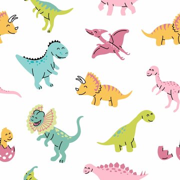Seamless pattern with hand drawn dinosaurs in scandinavian style. Creative vector trendy childish background for fabric, textile
