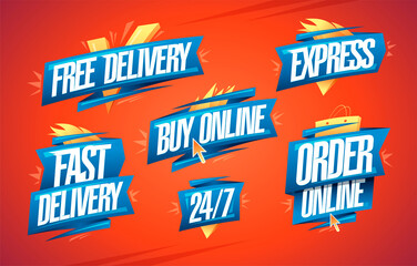 Free and fast delivery, express, buy online, order online, 24/7 - vector symbols or stickers